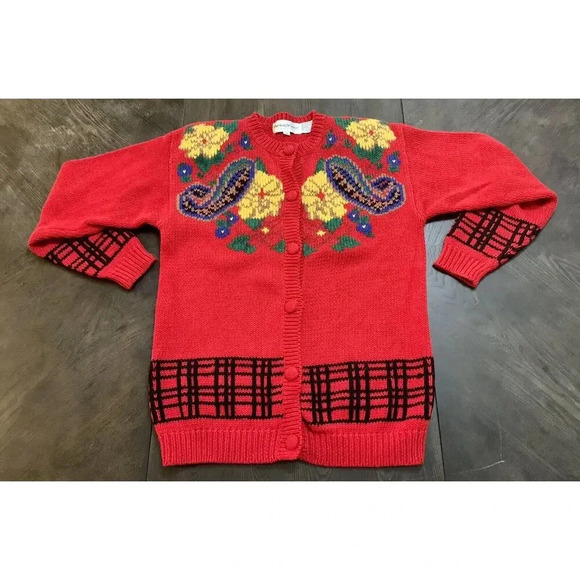 Vintage The Eagle's Eye Sweater Hand Knit Teacher School Cardigan Flowers SZ M - Picture 1 of 9